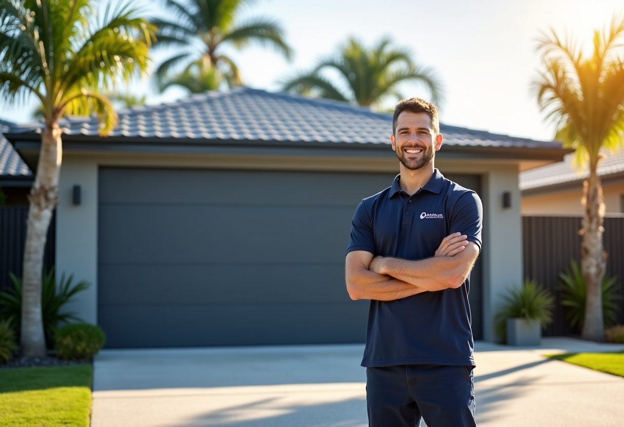 Technician beside a newly installed sectional garage door — Coombabah